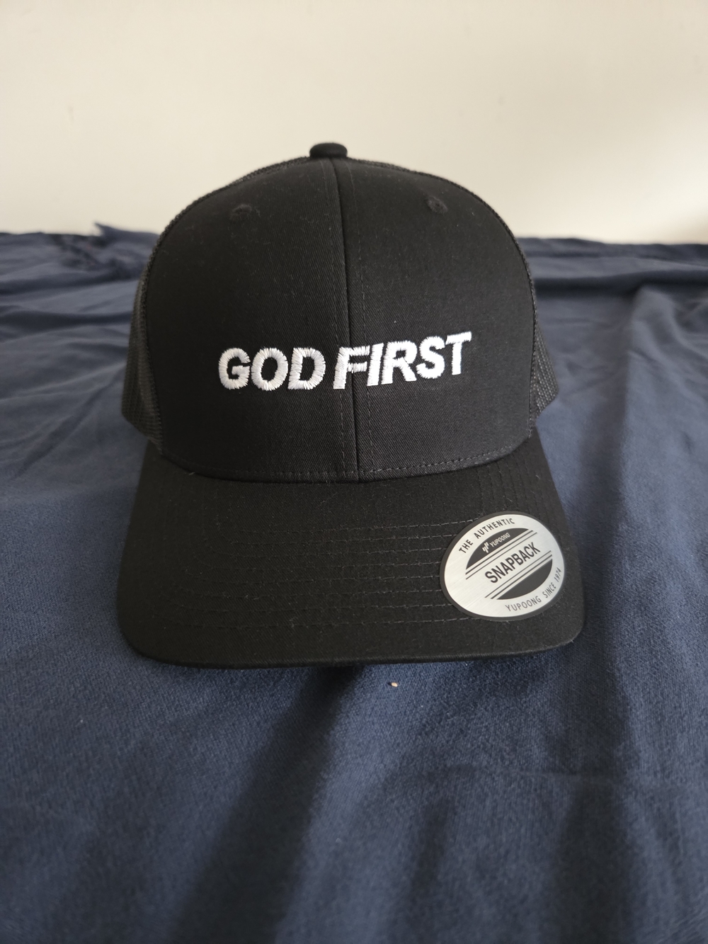 God First Embroidered Black Snapback Hat